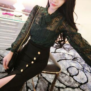 Set: Lace Blouse + Buttoned Pencil Skirt