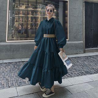 Puff-sleeve Tiered Maxi A-line Dress Peacock Blue - Xl