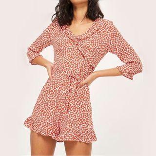 Floral Print Ruffled Elbow-sleeve Playsuit