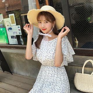 Slit-sleeve Floral Long Chiffon Dress
