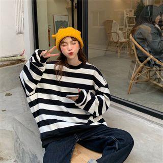 Crewneck Striped Loose-fit Sweatshirt As Shown In Figure - One Size