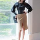 Set: Puff-sleeve Blouse + High-waist Pencil Skirt