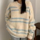 Contrast V-neck Fleece Sweater As Shown In Figure - One Size