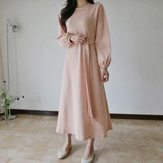 Balloon-sleeve A-line Dress With Sash