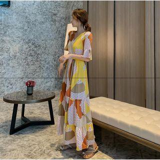 V-neck Color Block Maxi A-line Dress