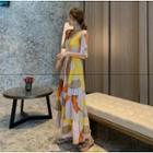 V-neck Color Block Maxi A-line Dress