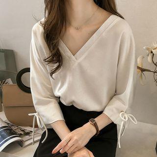 Elbow-sleeve V-neck Ribbon Cuff Chiffon Blouse