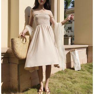 Spaghetti Strap Smocked A-line Dress With Light Scarf
