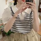 Mock Two-piece Short-sleeve Striped Panel Knit Top Stripe - Blue - One Size