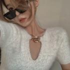 Chain-accent Furry-knit Crop Top