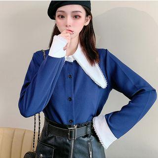 Long-sleeve Color Block Shirt Blue - One Size