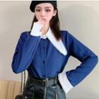 Long-sleeve Color Block Shirt Blue - One Size