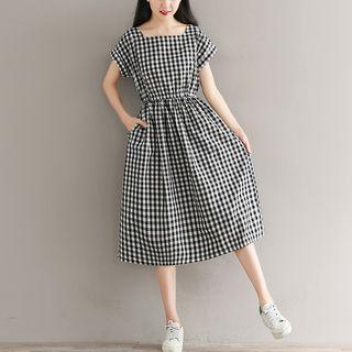 Short-sleeve U-neck Check Midi Dress