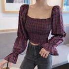 Square-neck Plaid Blouse Plaid - Red - One Size