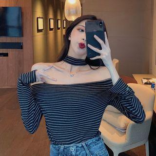 Striped Choker Off-shoulder Long-sleeve T-shirt