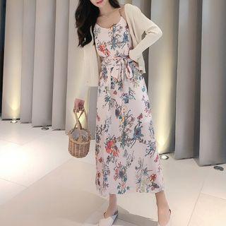 Ribbed Cardigan / Flower Print Spaghetti Strap Midi A-line Dress With Belt