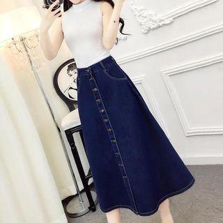 Set: Mock Neck Sleeveless Top + Buttoned Midi Denim Skirt