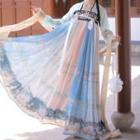 Chinese Hanfu Set Of 2: Embroidered Long-sleeve Top + Print Chest-full Maxi Dress