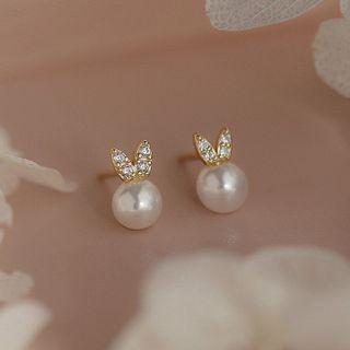Rabbit Ear Rhinestone Faux Pearl Sterling Silver Earring