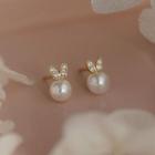 Rabbit Ear Rhinestone Faux Pearl Sterling Silver Earring