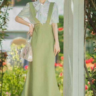 Set: Short-sleeve Tie-neck Blouse + Midi Mermaid Suspender Skirt