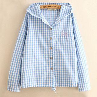 Rabbit Embroidered Plaid Hooded Button Jacket