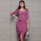 Square-neck Long-sleeve Midi Sheath Knit Dress