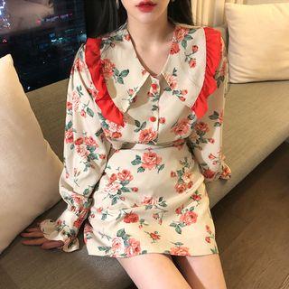 Floral Long-sleeve Blouse / Slim-fit Skirt