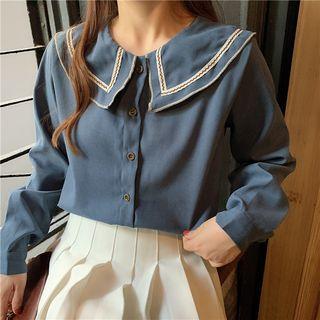 Contrast-trim Collar Long-sleeve Shirt Blue - One Size