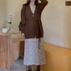 Plain Cardigan / Floral Long-sleeve Midi A-line Dress