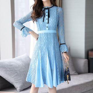 Long-sleeve Bow-front Midi A-line Lace Dress