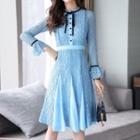 Long-sleeve Bow-front Midi A-line Lace Dress