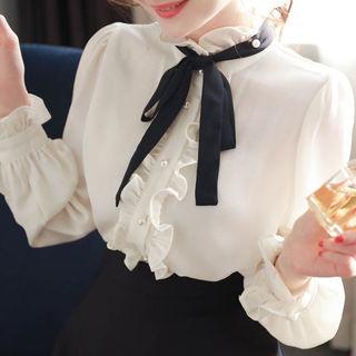 Contrast-tie Frill-trim Blouse