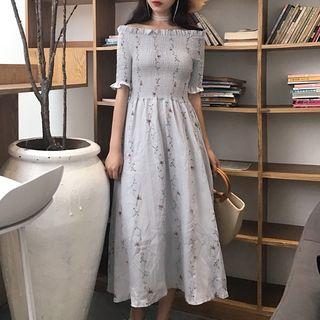Floral Print Shirred Off-shoulder A-line Midi Dress