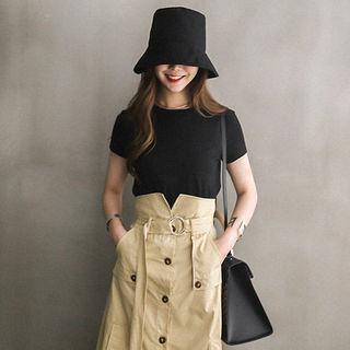 Set: Round-neck T-shirt + High-waist Buttoned Long Skirt With Belt