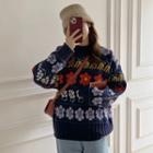 Flower Embroidered Mock-neck Cable Knit Panel Sweater
