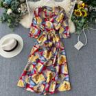 3/4-sleeve Patterned A-line Wrap Dress
