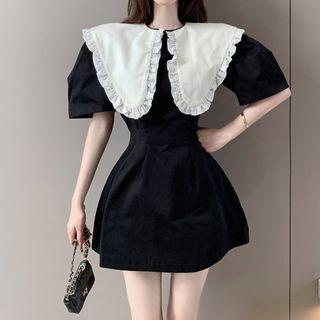 Short-sleeve Doll-collar Mini Dress White & Black - One Size