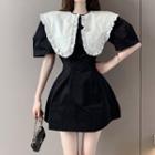 Short-sleeve Doll-collar Mini Dress White & Black - One Size