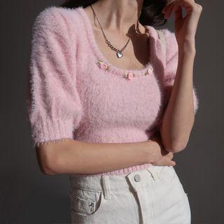 Short-sleeve Square-neck Faux-fur Sweater Pink - One Size