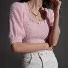 Short-sleeve Square-neck Faux-fur Sweater Pink - One Size
