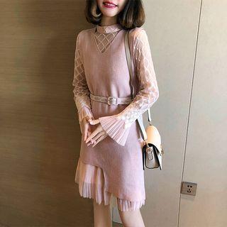 Set: Bell-sleeve Mesh A-line Dress + Asymmetrical Long Knit Vest