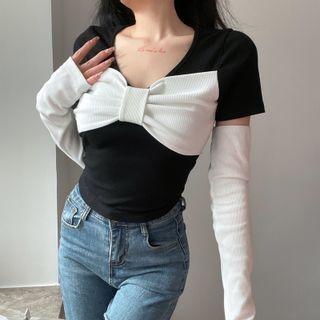 Set: Short-sleeve Bow Crop Top + Arm Sleeve