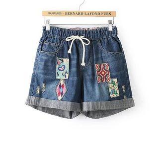 Embroidered Patch Distressed Denim Shorts