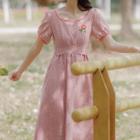 Puff-sleeve Plaid Flower Embroidered Midi A-line Dress
