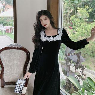 Long-sleeve Floral Applique Midi A-line Dress