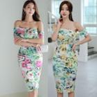 Short-sleeve Off-shoulder Floral Print Bodycon Dress