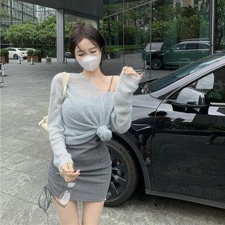 Plain Sweater / Spaghetti Strap Mini Sheath Dress
