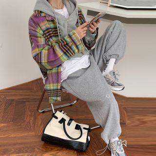 Plaid Shirt Jacket / Lettering Embroidered Sweatpants