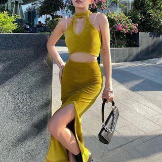 Halter-neck Ribbed Cutout Midi A-line Dress